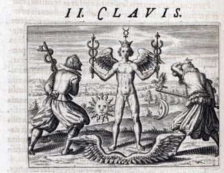 Symbolische Komposition der Alchemie, ein nackter junger Mann, geflügelt und gekrönt, schwingt zwei Kaduzeen, umgeben von Mond und Sonne, gegenüber bewaffneten Männern mit Schwertern, die einen Adler und eine Schlange tragen - Gravur von Theodor de Bry (15