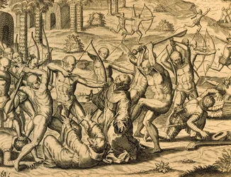 Martyrium von Missionsmönchen in Südamerika, Gravur aus Historia Americae von Theodor de Bry (1528-1598), Frankfurt