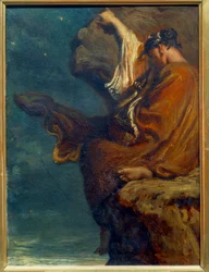 Sapho - Die griechische Dichterin Sapho (um 600 v. Chr.) sitzt auf einem Felsen und blickt melancholisch aufs Meer