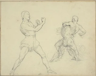 Boxer nach rechts und zwei Männer im Ringkampf