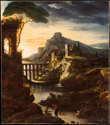 Abend: Landschaft mit einem Aquädukt