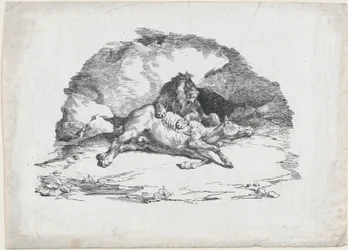 Löwe, der ein Pferd verschlingt