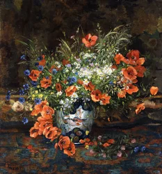 Mohnblumen, Gänseblümchen, Butterblumen und andere Blumen in einer japanischen Imari-Vase