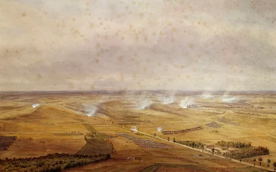 Koalitionskriege: „Die Schlacht von Valmy am 20.09.1792, die den Sieg der Franzosen gegen die Preußen sah“ Aquarellgouache von Theodore Jung (1803-1865) 1792