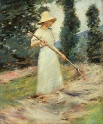Mädchen beim Heurechen, um 1890