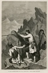 Die montenegrinischen Soldaten während des Einsatzes im Krieg von 1876, in dem Serbien und Montenegro der osmanischen Türkei den Krieg erklärten, Zeichnung von Valerio zur Illustration der Reise nach Montenegro im Jahr 1874 von Charles Yriarte