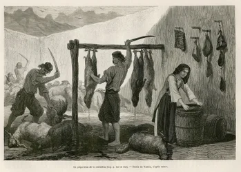 Die Zubereitung der Castradina, einer Spezialität aus gesalzenem und geräuchertem Schaf- und Ziegenfleisch, gegen Ende Oktober in Dalmatien (Istrien und Herzegowina (Kroatien)), Zeichnung von Valerio zur Illustration der Reise nach Montenegro im Jahr 1874