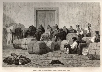 Wenn türkische Karawanen am Zoll von Sebenico (Serbien) ankommen, entladen die Handelsreisenden die Ballen vom Rücken ihrer Kamele, um die Menge und Art der Waren zu überprüfen. Gravur nach der Zeichnung von Theodore Valerio, zur Illustration einer Geschic
