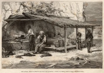 Eine Thunfischfanghütte in der Bucht von Proelucca, Golf von Fiume (oder Rijeka, Istrien), drei der Fischer schlafen noch, in Decken gehüllt, ein anderer wird sich ausrüsten und den Ausguck ersetzen, ein anderer wird die Küche vorbereiten und das Moos wand