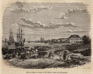 Der Hafen von Saigon, Gravur nach einer Zeichnung von T. Weber, die die Reise nach Cochinchina, von Doktor Morice, im Jahr 1872 illustriert, veröffentlicht in „Le tour du monde“ 1875, herausgegeben von Edouard Charton, Hachette Edition, Paris. Selva Sammlu