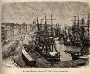 Die Kais von Montreal, Gravur nach einer Zeichnung von Th. Weber, die den Ausflug nach Kanada und zur Riviere Rouge du nord, von H. De Lamotte, 1873, illustriert, veröffentlicht in „Le tour du monde“ 1875, herausgegeben von Edouard Charton, Hachette-Ausgab
