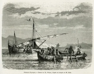 Schwammfischer im Golf von Nafplio, Zeichnung von Th. Weber, um die Geschichte einer Reise nach Griechenland in 1861, 1868 und 1874 von Henri Belle zu illustrieren. Gravur in Le tour du monde