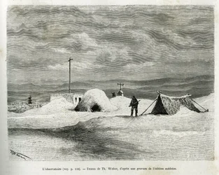 Das meteorologische Observatorium wurde in der Bucht von Koljutschin (Polarkreis) installiert, während das Schiff La Vega im Eis gefangen war und die Besatzung sich auf das Überwintern vorbereitete. Gravur von Th. Weber, um die Geschichte "Reise der Vega u