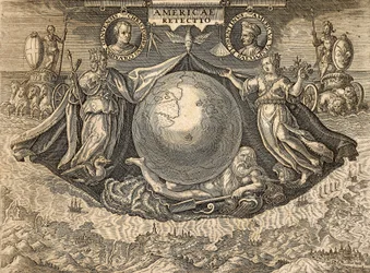 Allegorie der Westindischen Inseln oder Amerikas, mit Porträts der Seefahrer Christoph Kolumbus und Amerigo Vespucci