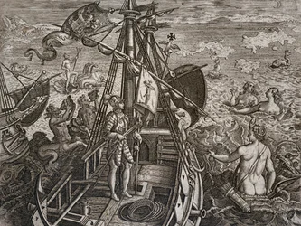 Allegorie der Reise von Christoph Kolumbus zur Entdeckung der Neuen Welt, Gravur von Theodor de Bry