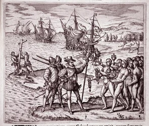 Ankunft von Christoph Kolumbus auf der Insel Hispaniola in den Westindischen Inseln (Gravur)