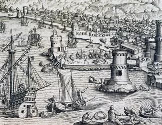 Ankunft von Girolamo Benzoni im Hafen von La Palma, Gravur aus Historia Americae, von Theodor de Bry, Frankfurt