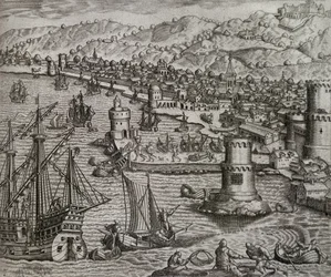 Ankunft von Girolamo Benzoni im Hafen von Las Palmas während seiner Reise nach Amerika (1541), Kanarische Inseln, Gravur von Theodor de Bry (1528-1598)
