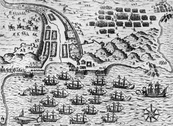 Angriff auf Santiago am 27. November 1585 (Gravur)