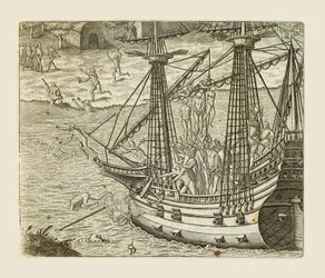 Bartolomeo Diaz hängt einige Indianer an einer Karavelle auf, Stich von Theodor de Bry (1528-1598) aus Americae pars quarta, sive, Insignis et admiranda historia de reperta primum Occidentali India Christophoro Columbo, von Girolamo Benzoni