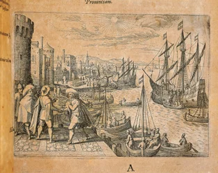 Karavellen auf dem Weg in die Neue Welt, Spanien, Gravur von Theodor de Bry
