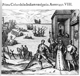 Christoph Kolumbus und die Brüder Pinzon verlassen den Hafen von Palos in Spanien am 03.08.1492 in die Neue Welt. Rechts der König und die Königin von Portugal, Ferdinand II. von Aragon und Isabella I. von Kastilien. Gravur von Theodore de Bry in „Admirant