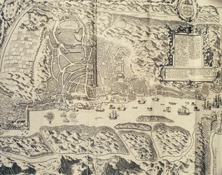 Stadt Goa in Indien, Kupferstich von Theodor de Bry aus dem Reisebericht der Reise des Seemanns Jan Huyghen van Linschoten nach Portugiesisch-Ostindien 1579-1592, 16. Jahrhundert