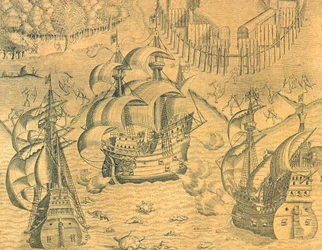 Zusammenstoß zwischen französischen und portugiesischen Schiffen im Atlantik um den Besitz Brasiliens