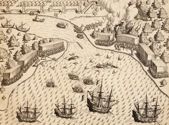 Ankunft der Niederländer auf der Insel Madura, Java, Gravur aus dem Werk India Orientalis, von Theodor de Bry