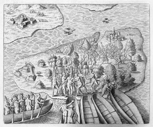 Hans Staden gefangen von Tupinamba-Indianern während seiner Reise nach Brasilien, 1552, aus 