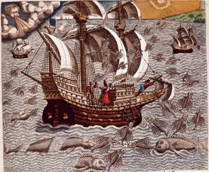 Geschichte Amerikas: „Reise spanischer Karavellen umgeben von fliegenden Fischen“ Bericht über die Reisen von Hans Staden, einem deutschen Entdecker, der mit den spanischen Flotten nach Brasilien reiste und von den Tupinamba-Indianern gefangen genommen wur