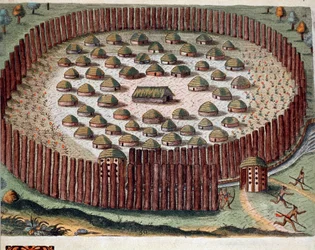 Geschichte Amerikas: „Darstellung eines befestigten Indianerdorfes in Florida“ Gravur aus „Admirante Narratio Americae“ von Theodor de Bry (1528-1598)