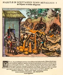 Geschichte Amerikas: Spanier nutzen Goldminen aus. Die Indianer arbeiten vor den Augen der Siedler (Gravur von Theodore de Bry, 16. Jahrhundert, Privatbesitz)