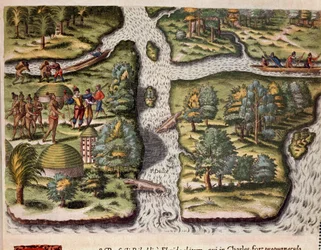 Geschichte Amerikas: „Die Franzosen der Expedition von Jean Ribault siedeln sich in Charlesfort (Fort Carolina) an und versorgen die Indianer Floridas mit Nahrung, Alligatoren sind in den Flüssen dargestellt“ Gravur aus „Admirante Narratio Americae“