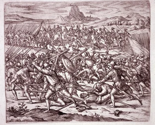 Geschichte Amerikas: Kämpfe zwischen den Armeen von Vaca de Castro und Almagro junior nach dem Tod von Francisco Pizarro und Diego de Almagro (Gravur)