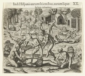 Indianer gießen flüssiges Gold in den Mund eines Spaniers, 1594