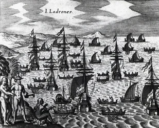 Inseln der Diebe (Islas de los Ladrones, heute Marianeninseln), Gravur aus Peregrinationes von Theodor de Bry, 16. Jahrhundert