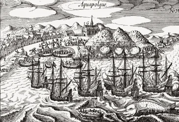 Mexiko, Blick auf Acapulco - Mexiko (Aquapolque), Theodore de Bry, ca. 1630. Frühe Ansicht der kolonialen Siedlung in Acapulco, die die Spanier als Hauptort für ihren Pazifikhandel mit den Philippinen nutzten. Der Hafen ist gefüllt mit Galeonen und einer g