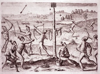 Ureinwohner Amerikas üben Laufen, Pfeilschießen und Ballwerfen in Florida (Gravur)