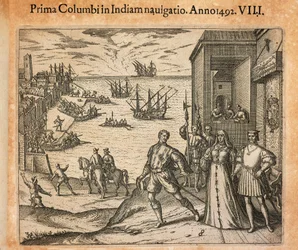 Königin Isabel und König Ferdinand begrüßen die Abreise von Christoph Kolumbus in Palos, Spanien, Gravur