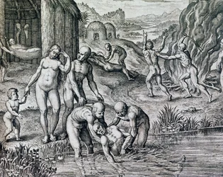 Heilmittel der Eingeborenen gegen Krankheiten, Stich aus Historia America, von Theodor de Bry (1528-1598), Frankfurt