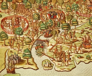 Belagerungs- und Angriffstechniken, Stich von Theodor de Bry, aus 