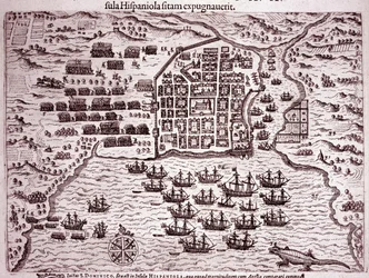 Die Flotte von Francis Drake besetzt die Insel Santo Domingo (Gravur)