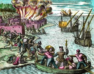 Die Franzosen plündern und verbrennen die Stadt Chioreran. Gravur aus Geschichte Amerikas von Theodore de Bry. 16. Jahrhundert. Private Sammlung