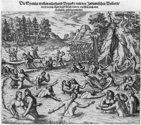 Die Spanier misshandeln die Indianerinnen nach der Gefangennahme von König Atahualpa (ca. 1502-33) im Jahr 1532