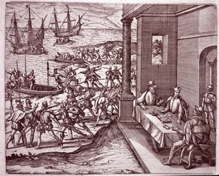 Die spanischen Konquistadoren Francisco Pizarro, Diego de Almagro und Hernando de Luque schlossen sich zusammen, um Peru zu erobern