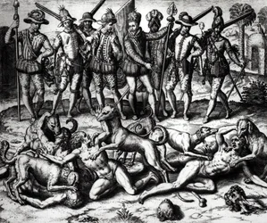 Die Hunde von Vasco Nunez de Balboa greifen die Indianer an