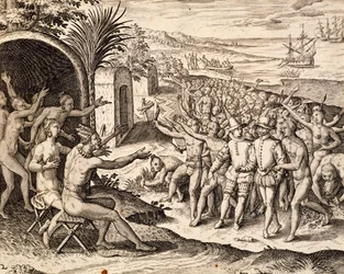 Begrüßung der Niederländer, Gravur aus dem Werk India orientalis, von Theodor de Bry, Indonesien