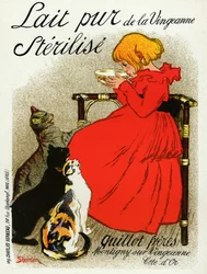 Essen und Trinken. Vingeanne-Milch. Kleines Mädchen mit Katzen. Plakat von Steinlen, Frankreich, ca. 1890 (Plakat)