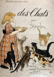 Mädchen bringt eine Milchschale zu Katzen - Umschlag „Katzen“ von Steinlen, 19. Jh.